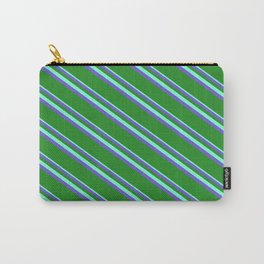 [ Thumbnail: Aquamarine, Slate Blue & Forest Green Colored Lines Pattern Carry-All Pouch ]