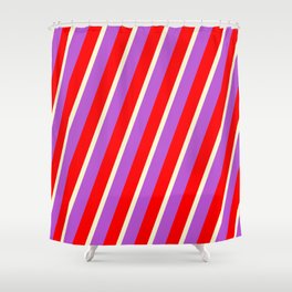 [ Thumbnail: Orchid, Red & Light Yellow Colored Lined/Striped Pattern Shower Curtain ]