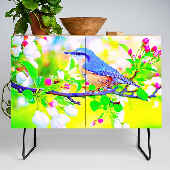 Blue Bird On A Branch Of Flowers Credenza