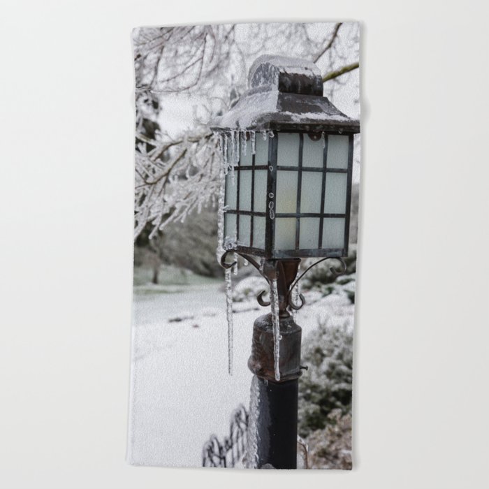 Winter Welcome Rustic Lamppost and Landscape with Snow and Ice Beach Towel