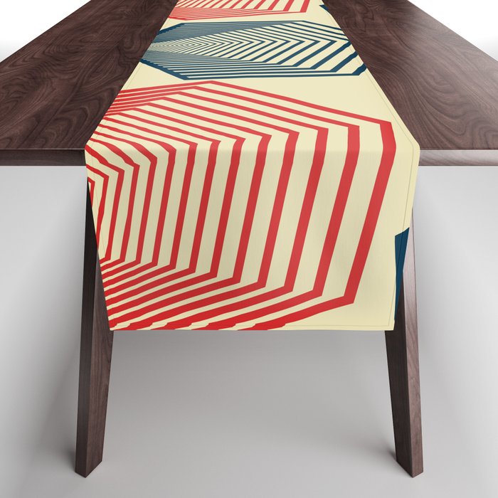 Mid-Century Modern Hexagonal Shapes Pattern - Red and Blue Table Runner