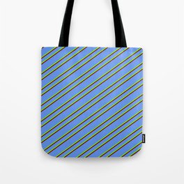 [ Thumbnail: Cornflower Blue, Green, and Maroon Colored Stripes/Lines Pattern Tote Bag ]