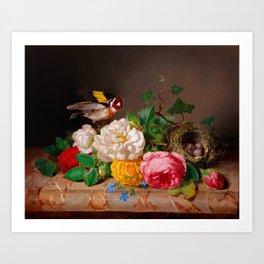 Rose bush with goldfinch and bird's nest  Josef Lauer-Rosenstuck mit Stieglitz und Vogelnest Art Print