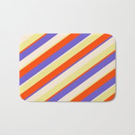 [ Thumbnail: Red, Slate Blue, Beige, and Tan Colored Lines/Stripes Pattern Bath Mat ]