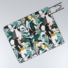 Merry penguins // black white grey dark teal yellow and coral type species of penguins green dressed for winter and Christmas season (King, African, Emperor, Gentoo, Galápagos, Macaroni, Adèlie, Rockhopper, Yellow-eyed, Chinstrap) Picnic Blanket