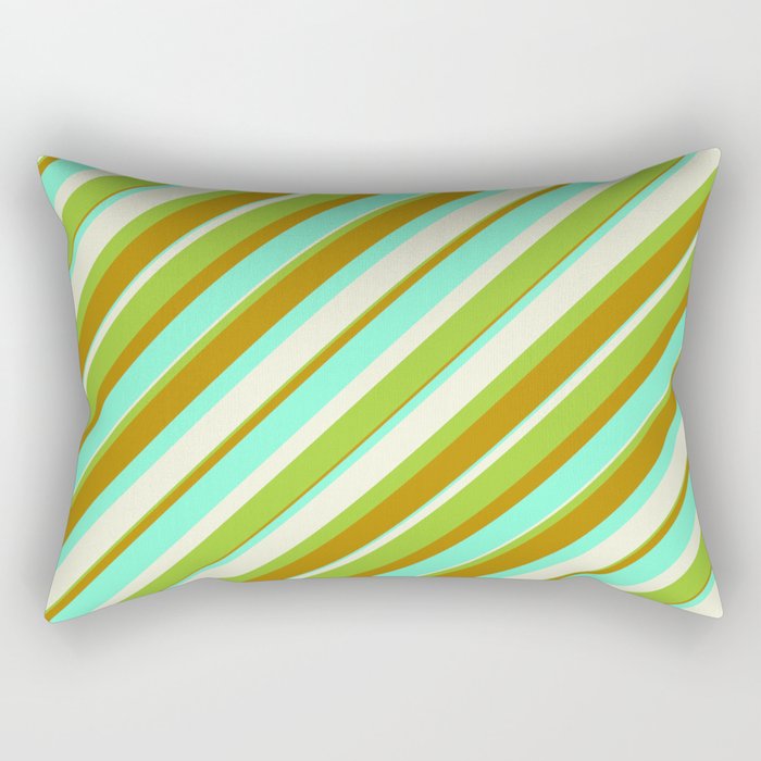Beige, Green, Dark Goldenrod, and Aquamarine Colored Striped/Lined Pattern Rectangular Pillow