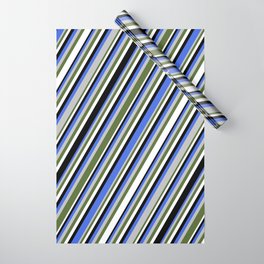 [ Thumbnail: Eye-catching Royal Blue, Grey, Dark Olive Green, White & Black Colored Lines Pattern Wrapping Paper ]