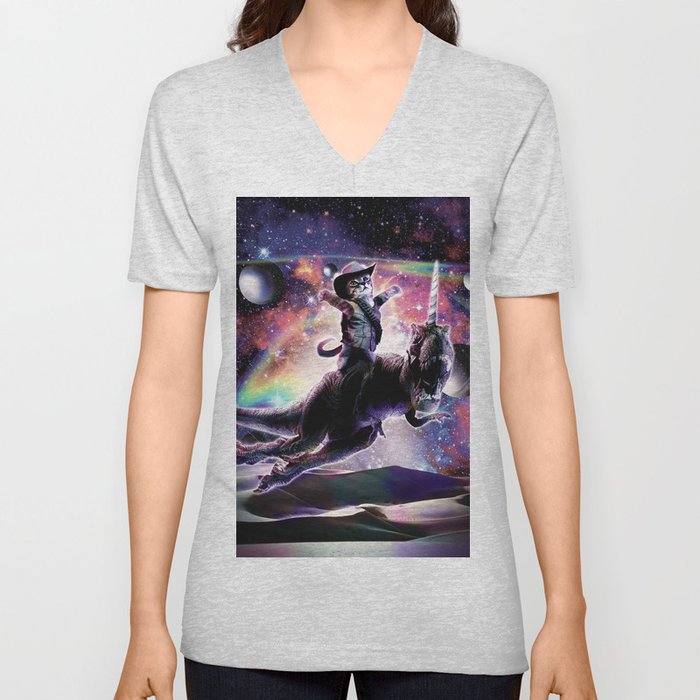 Galaxy Cat On Dinosaur Unicorn In Space V Neck T Shirt