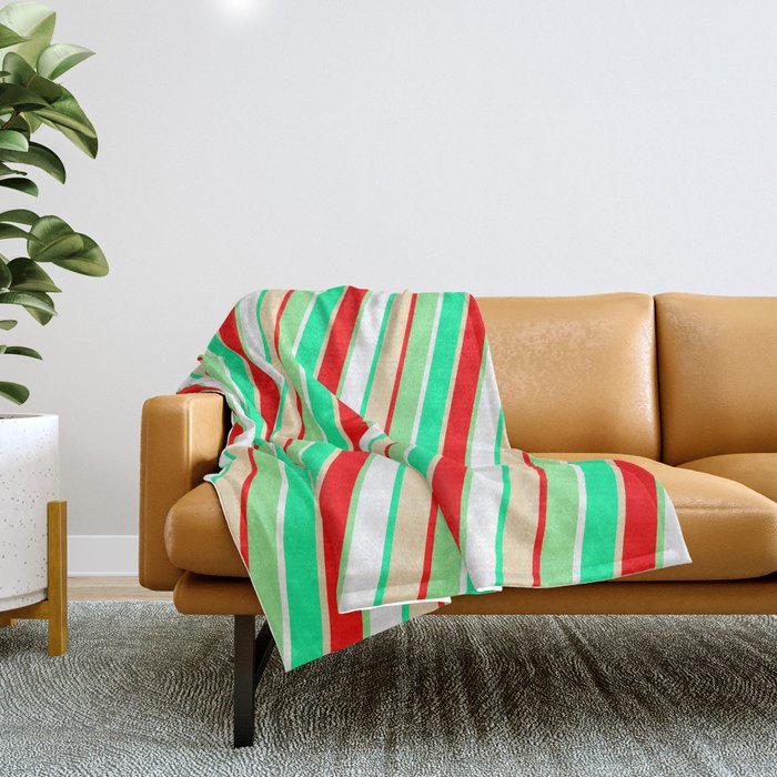 Eye-catching Green, Tan, Red, Light Green, and White Colored Pattern of Stripes Throw Blanket