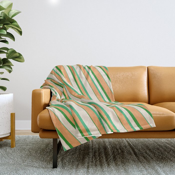 Beige, Sea Green, Brown, and Forest Green Colored Striped/Lined Pattern Throw Blanket