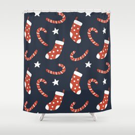 Seamless pattern with christmas socks,candy canes and stars. Cute festive background. Hand drawn Holiday endless texture Shower Curtain
