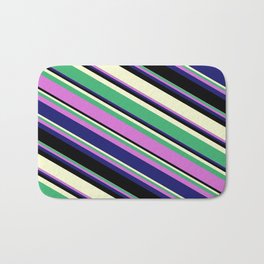[ Thumbnail: Sea Green, Orchid, Midnight Blue, Black, and Light Yellow Colored Lines/Stripes Pattern Bath Mat ]