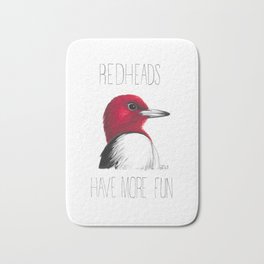 Redheads Have More Fun (Red-headed Woodpecker) Bath Mat | Gouache, Feathers, White, Ink, Red, Animal, Playful, Wildlife, Birdwatching, Nature 