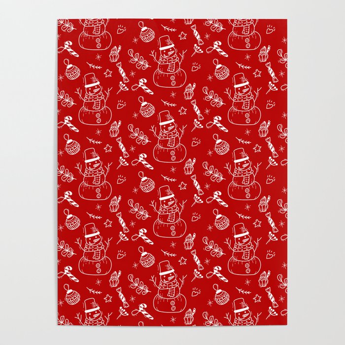 Red and White Christmas Snowman Doodle Pattern Poster