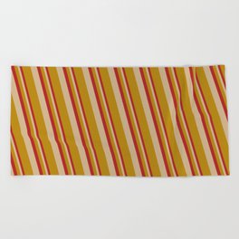 [ Thumbnail: Red, Tan, and Dark Goldenrod Colored Lined Pattern Beach Towel ]