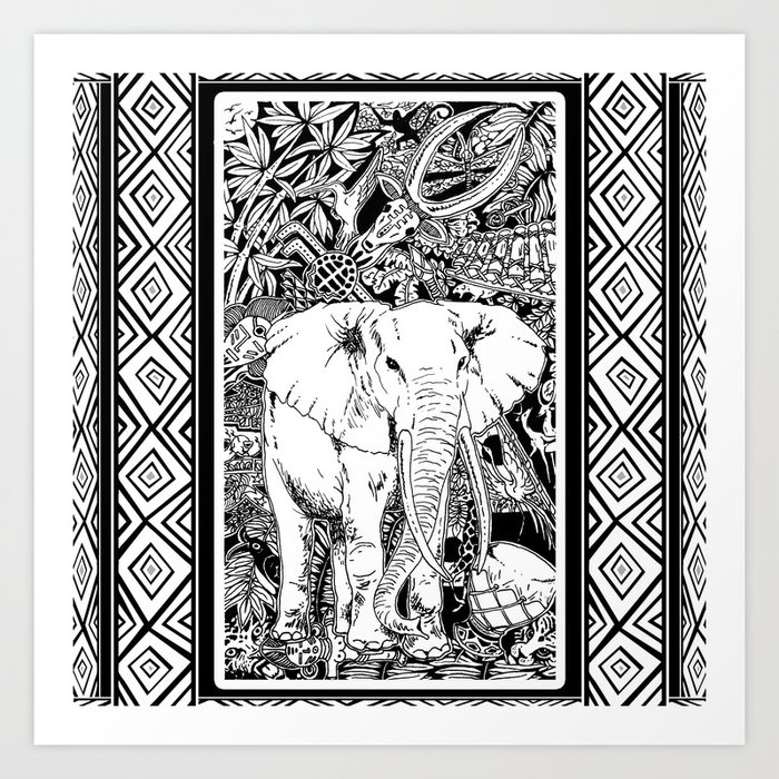 White Elephant Indian Ink Tribal Art Art Print