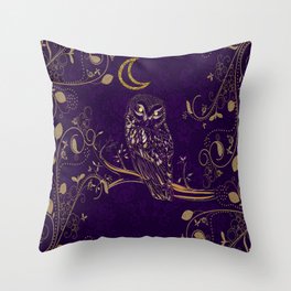 Golden Owl Crescent Moon Throw Pillow