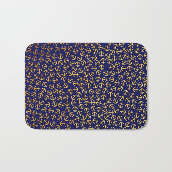 Maritime Anchors pattern- gold anchors on darkblue backround Bath Mat