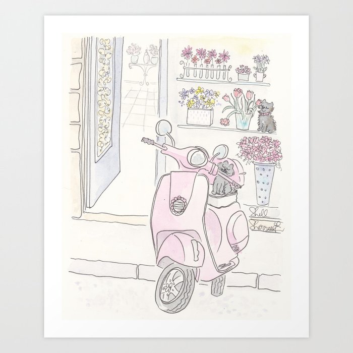 Pink Scooter Cat Dog and Flower Shop Art Print