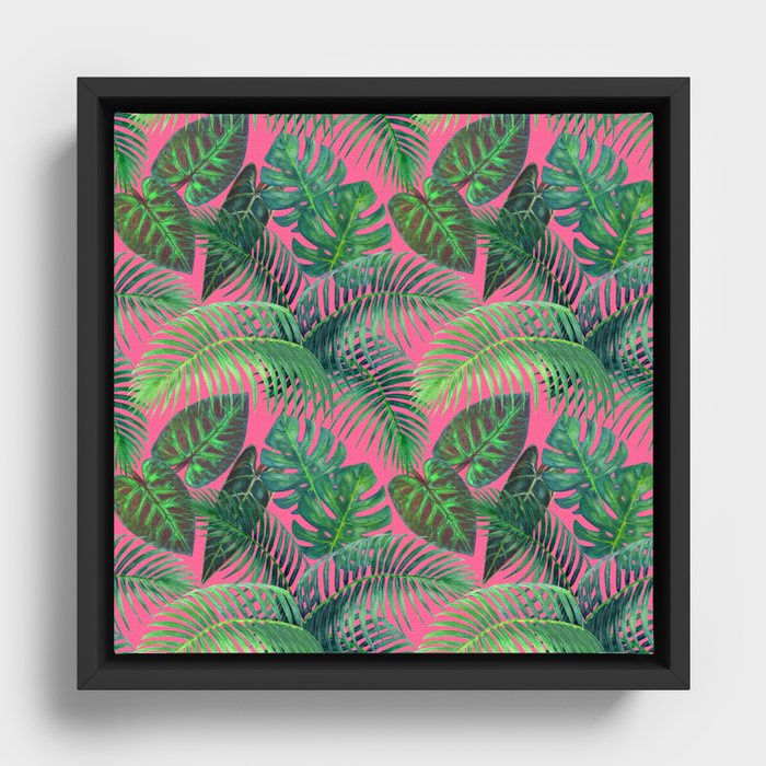 Tropical Palm Leaves On Pink Framed Canvas