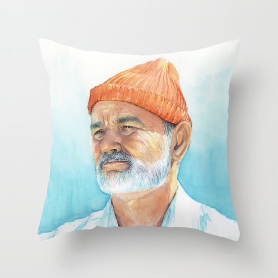 Steve Zissou Art Life Aquatic Bill Murray Watercolor Portrait Throw Pillow