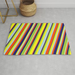[ Thumbnail: Eye-catching Green, Yellow, Light Blue, Red & Midnight Blue Colored Lines/Stripes Pattern Rug ]