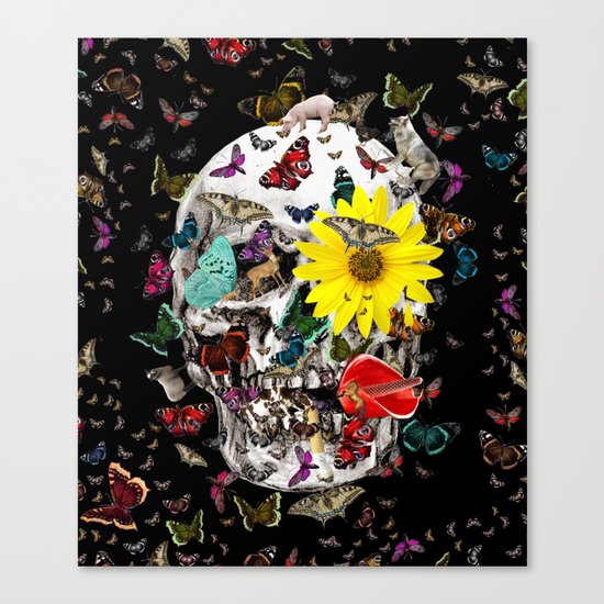 Skull Flowers Animals on Black | Butterflies Canvas Print