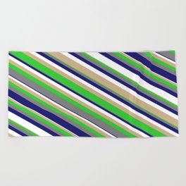 [ Thumbnail: Eyecatching Tan, Lime Green, Grey, Midnight Blue & White Colored Lines Pattern Beach Towel ]