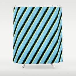 [ Thumbnail: Eye-catching Green, Light Cyan, Sky Blue, Teal & Black Colored Stripes/Lines Pattern Shower Curtain ]