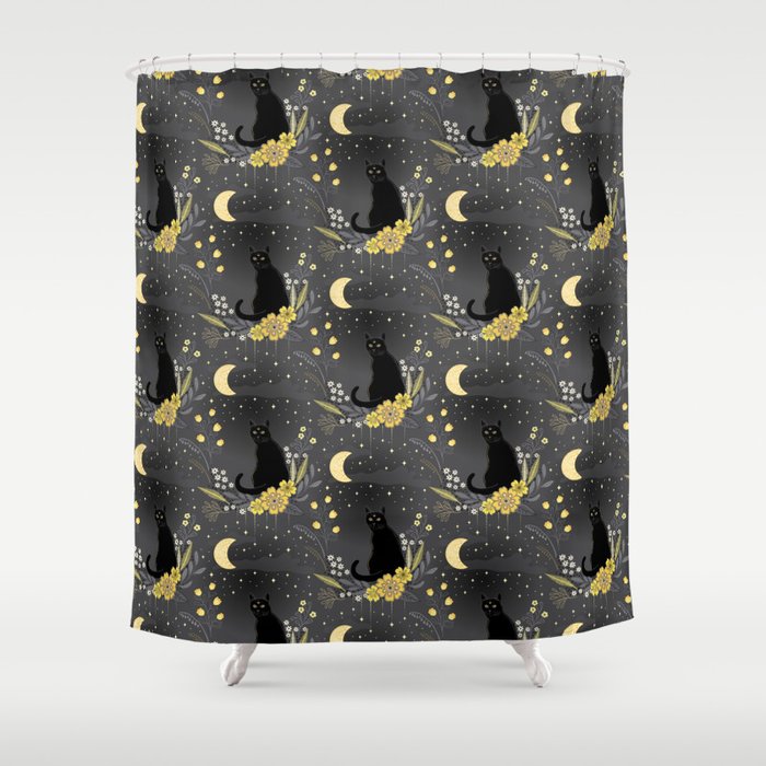 Black cats in the midnight garden - yellow and grey Shower Curtain