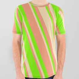 [ Thumbnail: Beige, Light Salmon & Chartreuse Colored Stripes Pattern All Over Graphic Tee ]
