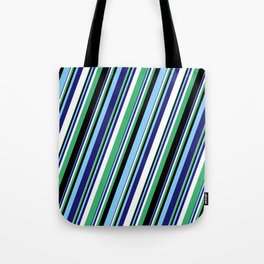 [ Thumbnail: Eyecatching White, Sea Green, Black, Light Sky Blue, and Midnight Blue Colored Stripes Pattern Tote Bag ]