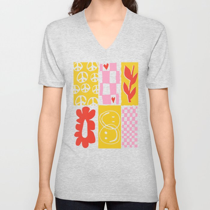 Happy Colorful Pattern Block  V Neck T Shirt