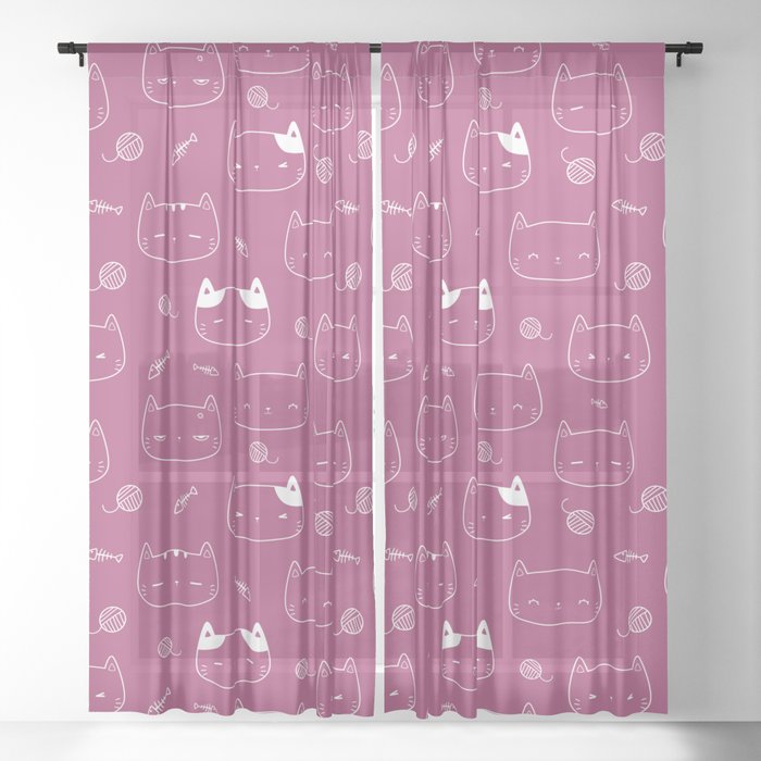 Magenta and White Doodle Kitten Faces Pattern Sheer Curtain
