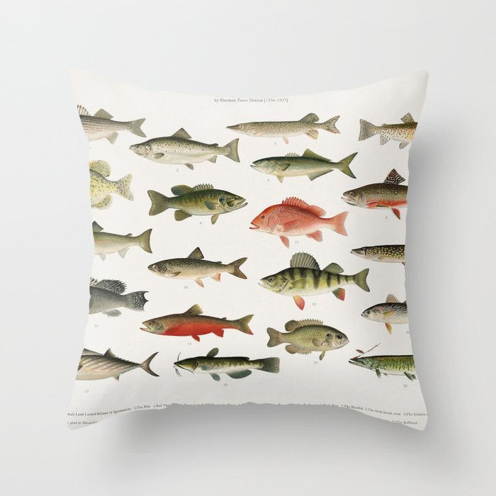 Illustrated Denton Fish Chart of Fishes of North America Throw Pillow