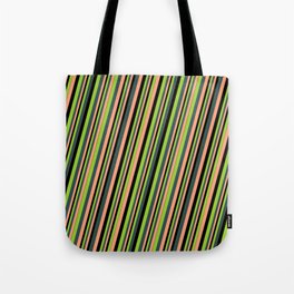 [ Thumbnail: Green, Dark Slate Gray, Light Salmon & Black Colored Stripes Pattern Tote Bag ]