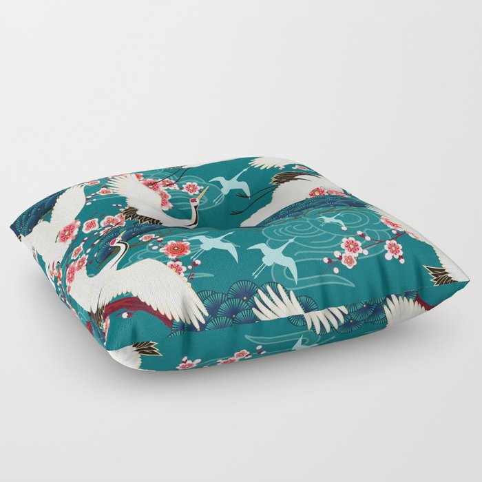 Japanese Crane Oriental Teal Ocean Pattern Floor Pillow