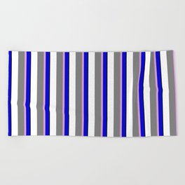 [ Thumbnail: Eyecatching Blue, Plum, Grey, White, and Black Colored Lines Pattern Beach Towel ]