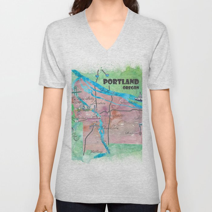 Portland Oregon Travel Poster Map with Touristic Highlights V Neck T Shirt