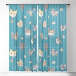 Cats with Paws Pattern/Hand-drawn in Watercolour/Blue Stripe Background Sheer Curtain