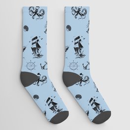 Pale Blue And Black Silhouettes Of Vintage Nautical Pattern Socks