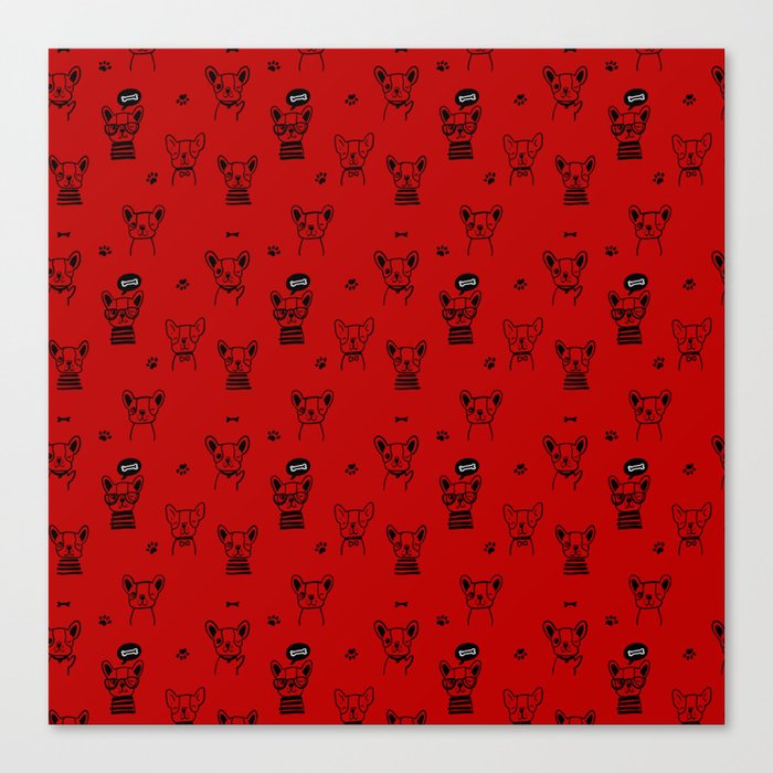 Red and Black Hand Drawn Dog Puppy Pattern Canvas Print