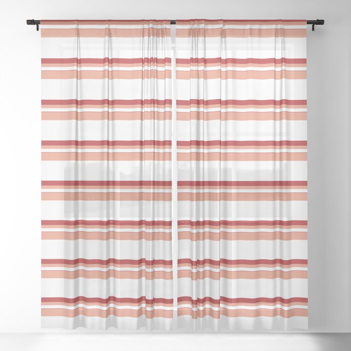 Dark Salmon, White, and Red Colored Pattern of Stripes Sheer Curtain