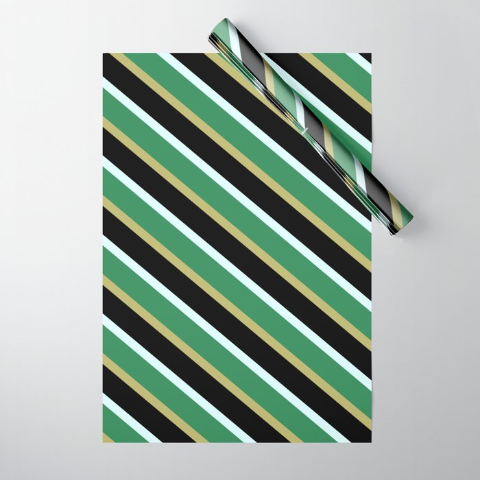 Light Cyan, Sea Green, Dark Khaki & Black Colored Pattern of Stripes Wrapping Paper