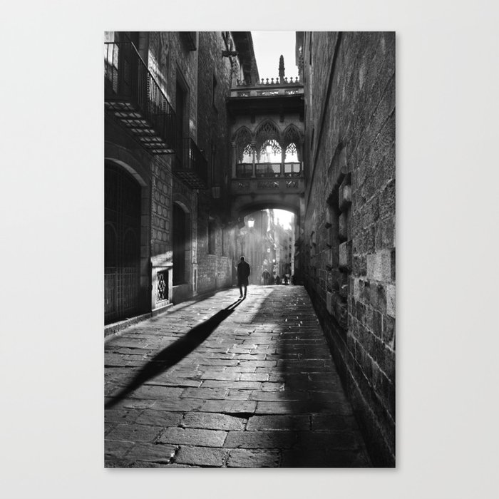 Rays of sun; European cobblestone cityscape black and white photograph / photography Canvas Print