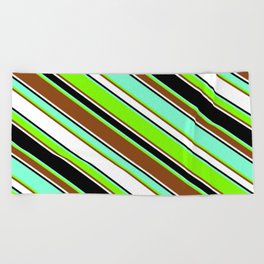 [ Thumbnail: Aquamarine, Chartreuse, Brown, White, and Black Colored Striped/Lined Pattern Beach Towel ]