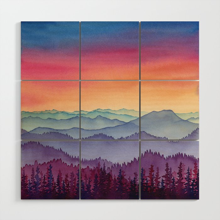 Beauty of the Earth Colorful Watercolor Layered Mountains Wood Wall Art