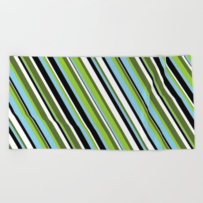 Eye-catching Dark Olive Green, Green, Sky Blue, Black & White Colored Stripes/Lines Pattern Beach Towel