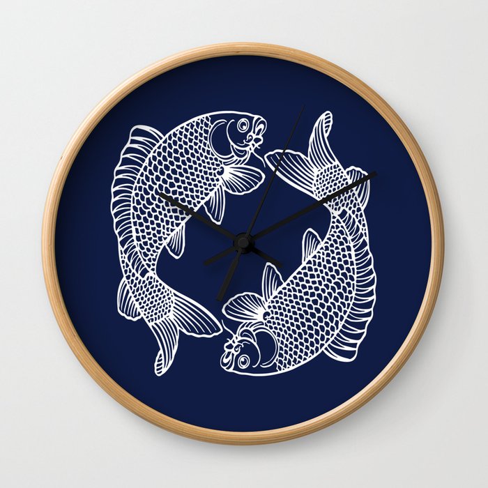 Navy Blue Feng Shui Yin Yang Harmony Koi Minimalist Line Drawing Wall Clock
