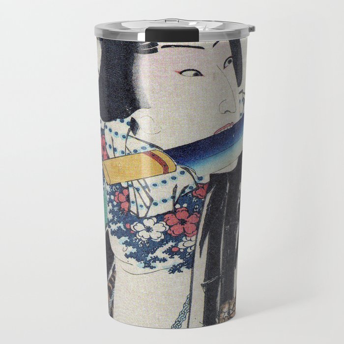 Kunichika Tattooed Warrior with Bamboo Pattern Background Travel Mug